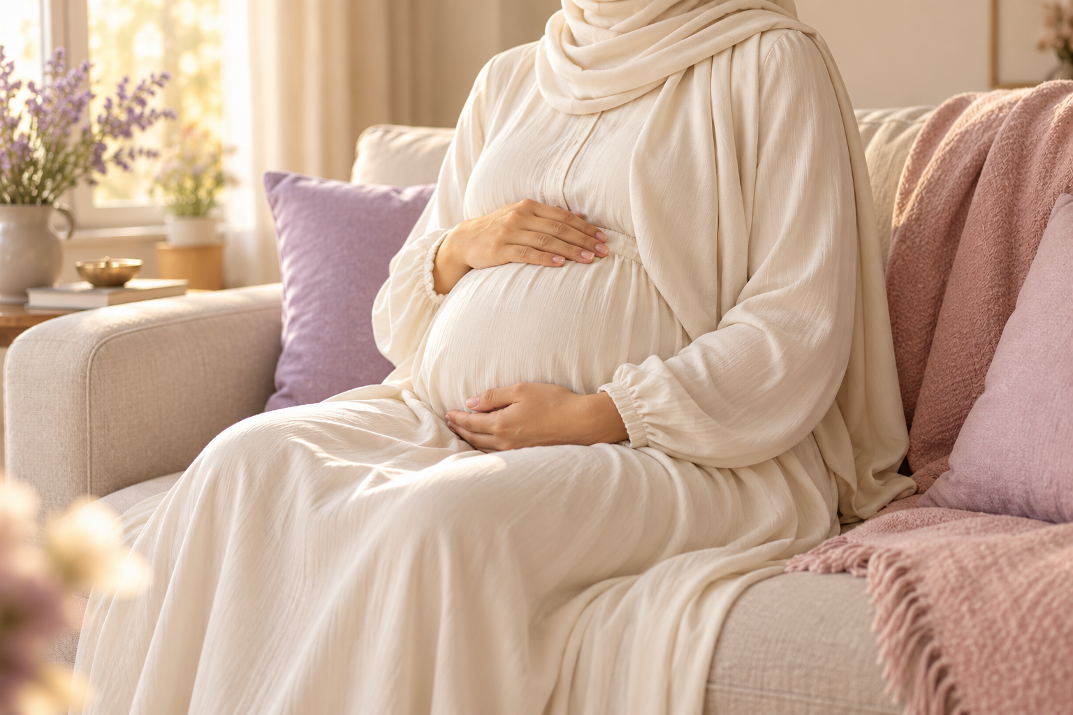 صورة تعبيرية لأم حامل محجبة تضع يديها برفق على بطنها